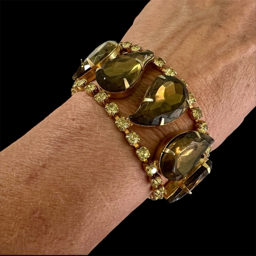 Vintage Bronze & Jonquil Rhinestone Book Chain Bracelet